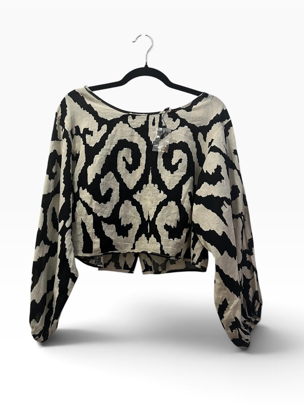 NWOT Rachel Zoe Linen Blend Black Cream Ikat Inspired Balloon Sleeve Crop Top M